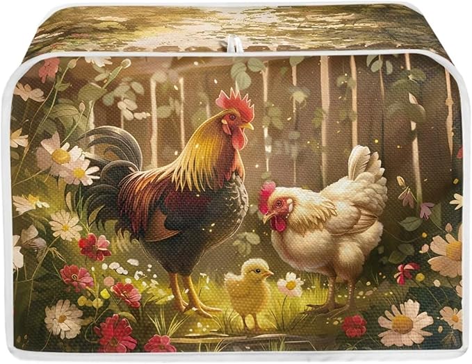Chicken Rooster Flower Toaster Cover 2 Slice Wide Slot, Washable Kitchen Appliance Cover Dust Resistant Protector for Home, Toaster Protector Kitchen Accessories