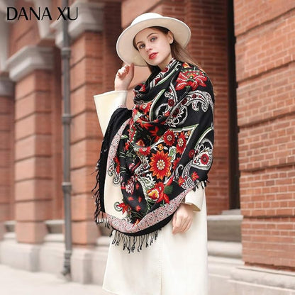 DANA XU 100% Merino Wool Pashmina Shawl for Women 96"x43", Oversized Cashmere Wrap with Tassels, Floral Travel Blanket Cape