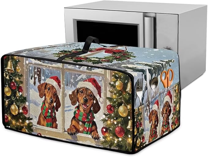 Convection Oven Dust Cover with Storage Pockets, Protective Smart Oven Cover for Kitchen Countertop for Christmas Holiday Party, S, 14.5 x 18.5 x 9 Inches, Dachshund Dog Christmas Tree