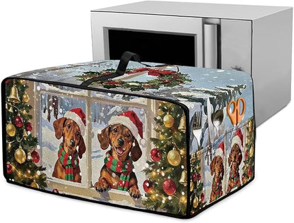 Convection Oven Dust Cover with Storage Pockets, Protective Smart Oven Cover for Kitchen Countertop for Christmas Holiday Party, S, 14.5 x 18.5 x 9 Inches, Dachshund Dog Christmas Tree