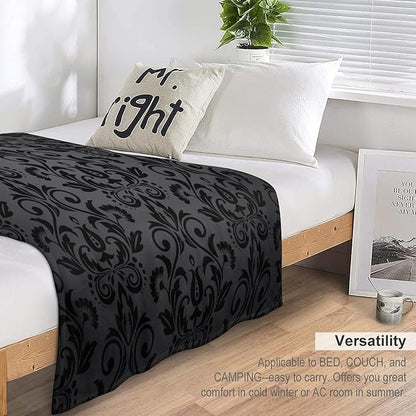 Black Damask Blanket, Antique Victorian Style Gothic Vintage Black Floral Bohemian Exotic Print Blanket for Sofa Bed Decor Fuzzy Blanket Twin, 60"x80"