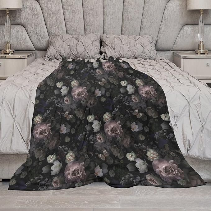 Vintage Gothic Floral Blanket, Black Pink Flower Rose Black Garden Roses Blooming Boho Throw Blankets for Home Bedding Couch Decor, 40"x50"