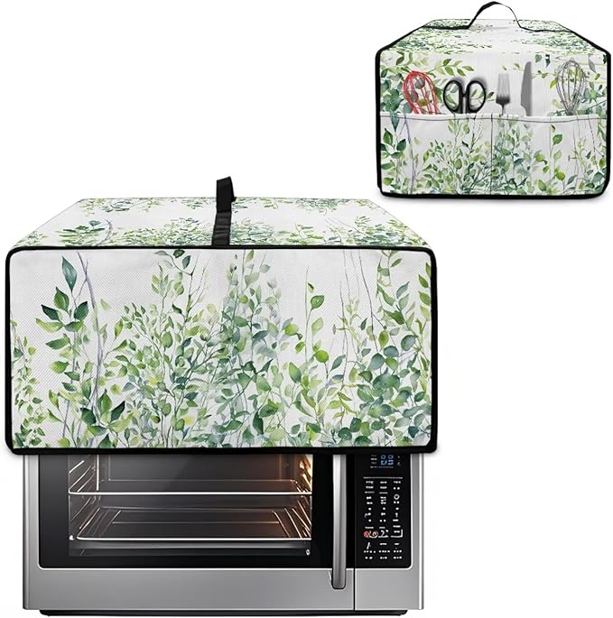 Toaster Oven Dust Cover with Storage Pockets, Dust-Proof Kitchen Appliance Protector for Small Appliances Convection Ovens, M, 16.5 x 20.5 x 10 Inches, Green Leaf White
