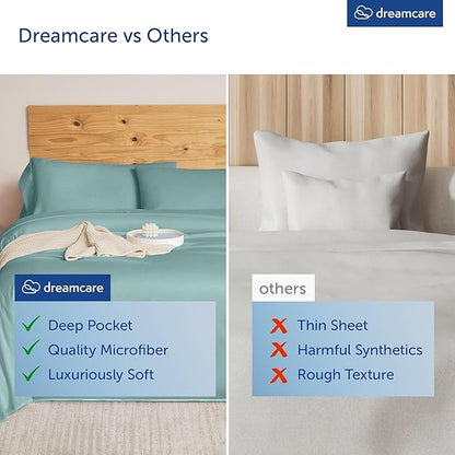 DREAMCARE Queen Sheet Set – 4 pcs Cooling Sheets – up to 21” Extra Deep Pocket Queen Sheets – Hotel Luxury Sheets & Pillowcases – Superior Softness 100% Microfiber with Side Pocket - Spa Blue