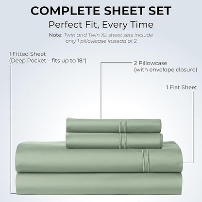100% Natural Cotton Bed Sheets | 500 TC Single-Ply Sateen Weave King Size Sheets Set | Breathable & Hypoallergenic Solid 4-Piece Bedding with Deep Pocket Fitted, Flat, Pillowcase | Sage