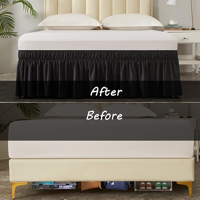 MEILA Wrap Around Bed Skirt Three Fabric Sides Elastic Dust Ruffled 24 Inch Tailored Drop,Easy to Install Fade Resistant-Black, Twin/Full