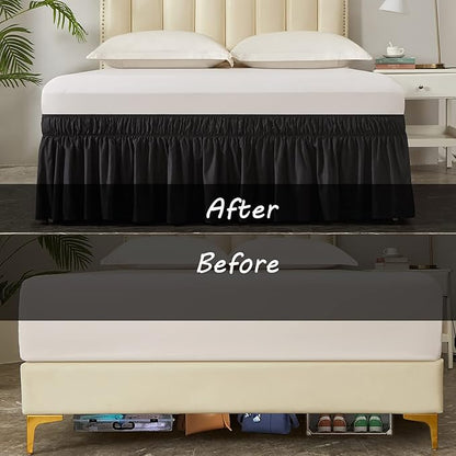 MEILA Wrap Around Bed Skirt Three Fabric Sides Elastic Dust Ruffled 24 Inch Tailored Drop,Easy to Install Fade Resistant-Black, Twin/Full