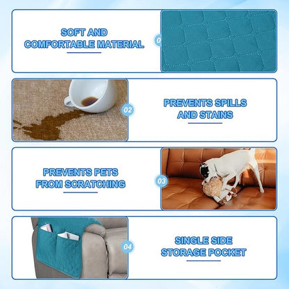 uxcell 3 PCS Armrest Covers, Couch Arm Cover Furniture Protect Slide Recliner Chair Armchair Covers with Side Storage Pocket for Sofa Recliner, Lake Blue