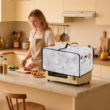 White Marble Texture Print Microwave Oven Dust Cover Polyester-Linen Fabric Dust Cover for Microwave Oven Universal Dust-Proof Kitchen Appliance Protector Fits Most Microwaves, M