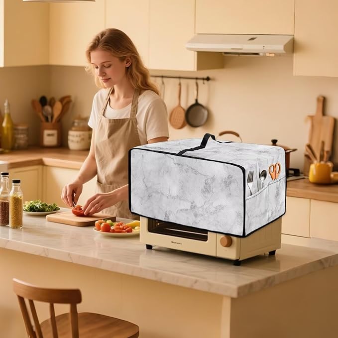 White Marble Texture Print Microwave Oven Dust Cover Polyester-Linen Fabric Dust Cover for Microwave Oven Universal Dust-Proof Kitchen Appliance Protector Fits Most Microwaves, L