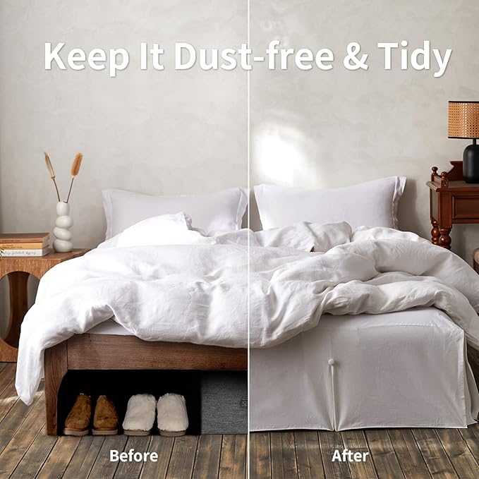 BISELINA French Linen Bed Skirt Split Corner with Button 18-Inch Tailored Drop Natural Flax Cotton Blend Basic Dust Ruffle Soft Cozy (18" Queen,Button White)