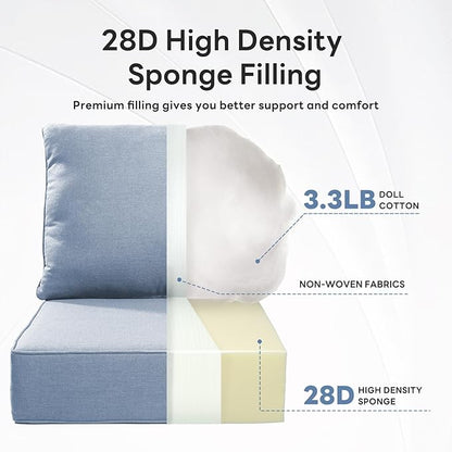 6" Thicker Outdoor Chair Cushion 6 Sets - 24" *24" *6" Waterproof Patio Furniture Cushions with Removable Cover, 28D High Density Sponge Filling Thicken Outdoor Patio Cushions - Baby Blue