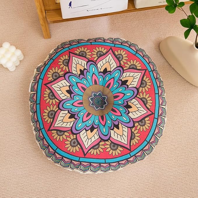 Mandala Round Floor Pillow - 16x16 inch Reversible Cotton Linen Meditation Cushion for Yoga, Balcony & Patio Decor (Colorful)