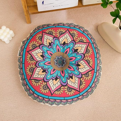 Mandala Round Floor Pillow - 16x16 inch Reversible Cotton Linen Meditation Cushion for Yoga, Balcony & Patio Decor (Colorful)