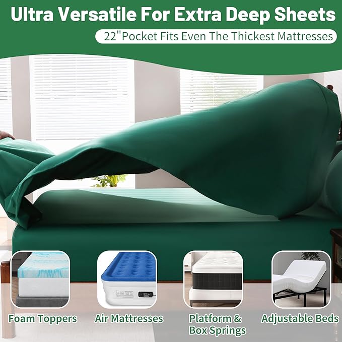 Extra Deep Pocket California King Sheets 18-24 Inch 100% Egyptian Cotton 1000 Thread Count Sateen Weave Soft Breathable 4 Pieces（California King,Dark Green）