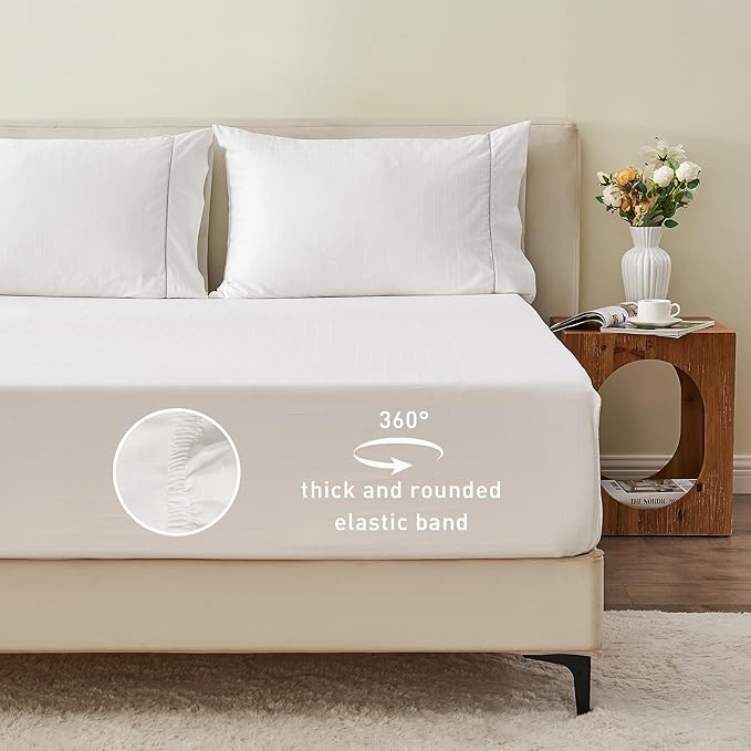 Sunflower Queen Fitted Sheet, 1-Piece Extra Deep Pocket Fitted Bottom Sheet 22", 100% Cotton Jacquard Damask Sheets Sateen Weave Soft Breathable, White Checkered