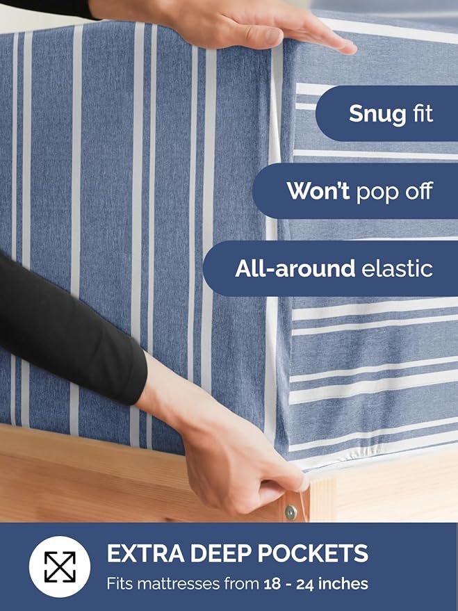 Extra Deep Full Fitted Sheet - Hotel Luxury Single Fitted Sheet Only - Easily Fits 18 inch to 24 inch Mattress - Ultra Soft, Wrinkle Free with Extra Deep Pockets - Breathable & Comfy - Blue Stripes