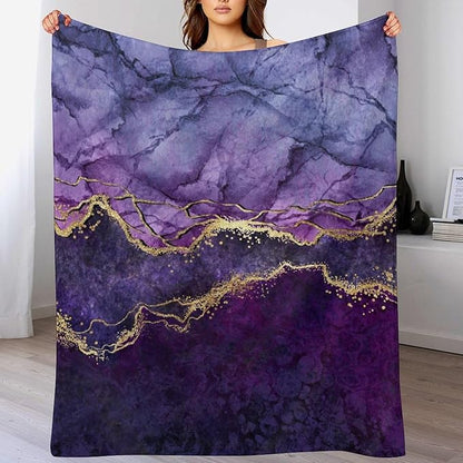 Modern Marble Blanket, Abstract Luxury Baroque Art Golden Purple Stone Veins Pattern Soft Warm Cozy Plush Flannel Covers for Livingroom Bedroom Couch Chair Camping Travel Home Decor Tapestry 30x40in
