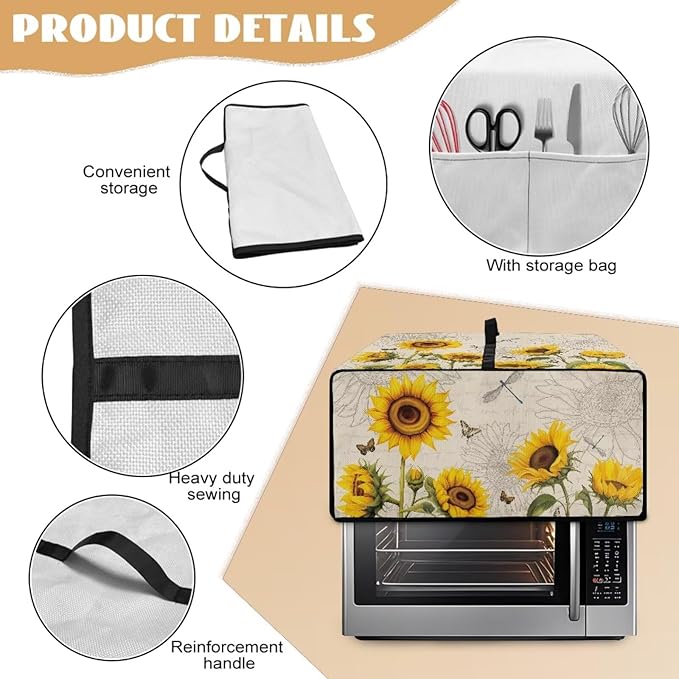 Microwave Oven Dust Cover Waterproof Toaster Oven Cover with Top Handle Dust-Proof Kitchen Appliance Protector Dirt and Fingerprint Protection, Sunflower Dragonfly Butterfly Letter Print, M