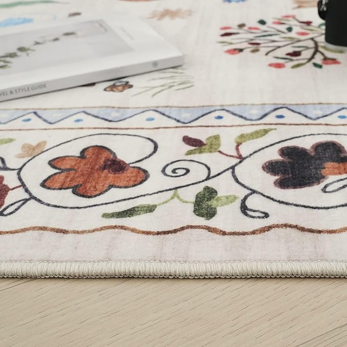 Rugcomf Area Rugs 9x12 Living Room Clearance Washable Boho Rug Non Slip Floral Animal Cat Vintage Low Pile Large Rug for Living Room Bedroom Farmhouse Dining Room Kids Playroom, Beige