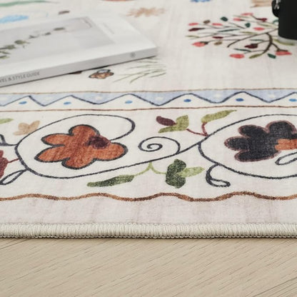 Rugcomf Area Rug 4x6 Rug Washable Boho Rugs Non Slip Low Pile Floral Animal Cat Small Carpet for Bedroom Bedside Kids Room Office Dining Room, Beige