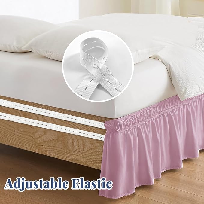 Full Bed Skirt, Elastic Wrap Around Bed Skirt Full Size, Bed Skirts for Adjustable Bed, Easy Fit with 14" Drop Length Tailored Drop Dust Ruffle (Pink)