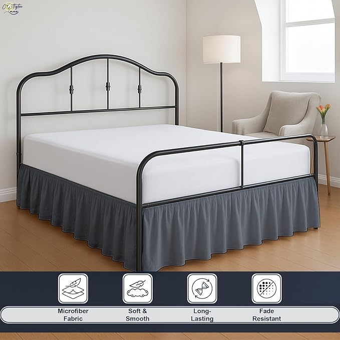 Cottington Lane Ruffled Bed Skirt King Size with Split Corner, Brushed Microfiber Hotel Quality Dark Grey Dust Ruffle, 18 Inch Drop Gathered Bedskirt, Soft and Stylish, Shrinkage and Fade Resistant
