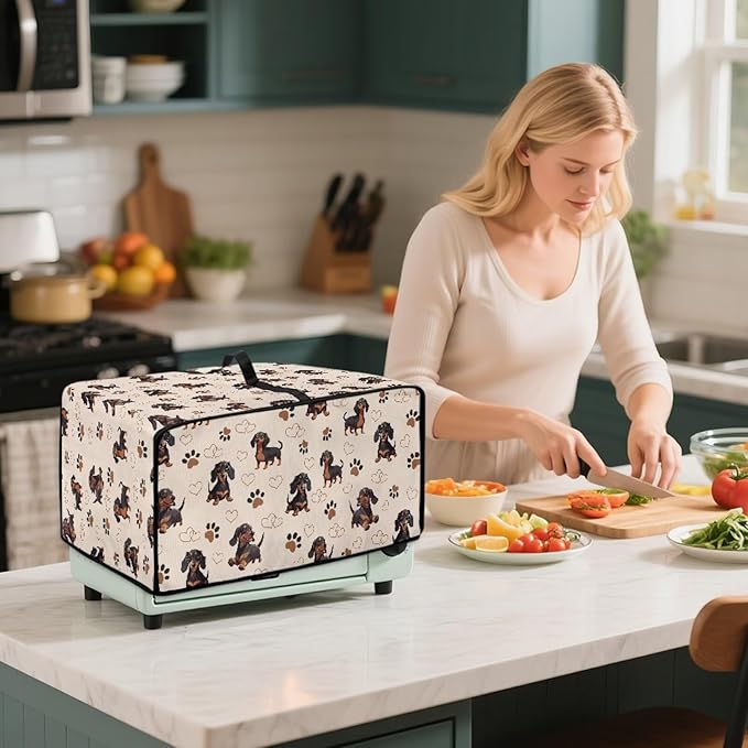 Dachshund Dog Heart Paw Print Toaster Oven Cover with Storage Bags Waterproof Dust Cover for Microwave Oven Polyester-Linen Fabric Small Appliance Dust Covers Fits Most Microwaves, M