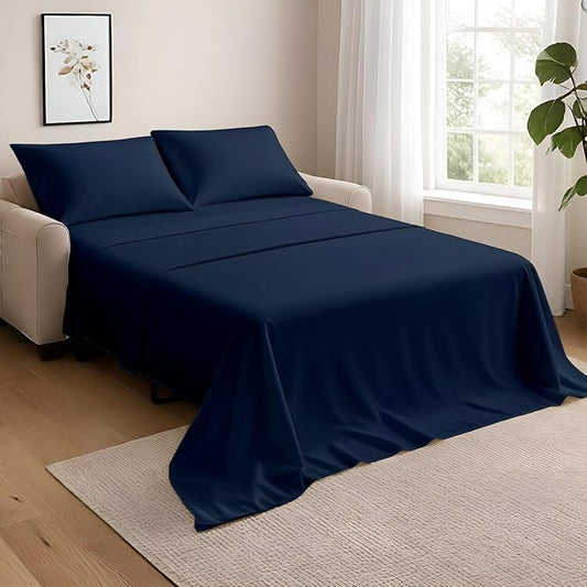NON Sticky cotton Full Size Sleeper Sofa Sheets, 4 Piece Egyptian Cotton Bed Sheet Set for Sofa Bed, 6" Deep Pocket Fitted Sheet for Pull Out Couch Mattress, 54" x 75", Navy Blue Solid