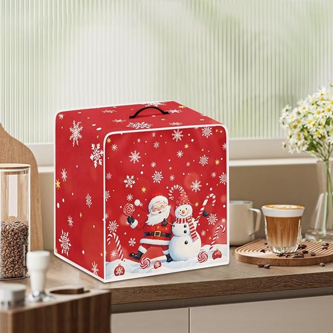 Cute Christmas Coffee Maker Cover with Handle, Santa Claus Snowman Foldable Coffee Machine Dust Cover Washable Kitchen Decor