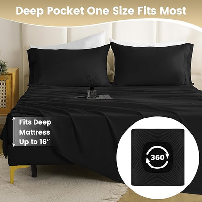 King Size Sheet Set - Luxury 4 Piece Silky Soft & Breathable Cooling Sheets for King Size Bed, 16" Deep Pocket Easy Care Bed Sheet Set Wrinkle Free Bedding Sheet and Pillowcase Set, Black