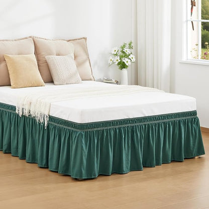 RIMELA Emerald Green Bed Skirt Queen Size 18 Inch Drop, Wrap Around Elastic Bedskirt, Dust Ruffle for Adjustable Bed Base Machine Washable Easy to Install Bed Skirts,Christmas Bedroom Decor