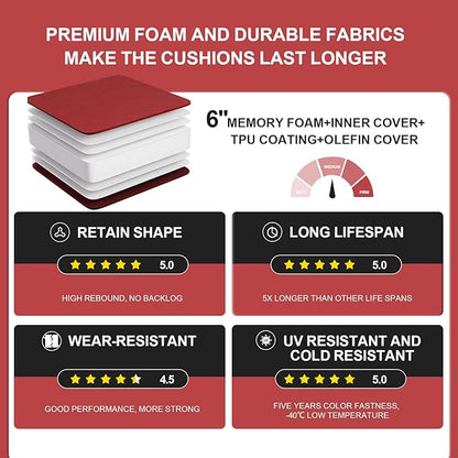 Outdoor 24''x 24''x 6'' Olefin Water-Resistant Deep Seat Cushion Set, Weather and Fade Resistant Patio Furniture Seat Cushion, Thickened Sofa Chair Pad with Straps for Lawn, Garden, Red