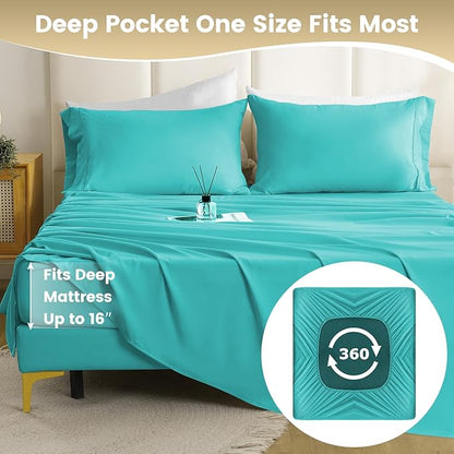 Breathable Cooling Full Sheet Set - Hotel Luxury 4 Piece Deep Pocket Sheets for Full Size Bed, Fits 16" Mattress, Easy Care Wrinkle Free Bedding Sheet and Pillowcase Set, Turquoise