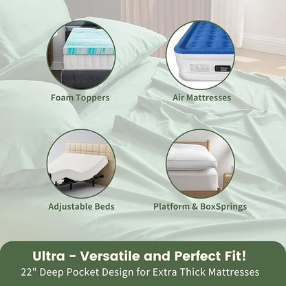 100% Linen Sheet Set Queen Size Extra Deep Pocket Fits 18-24 Inch Mattress, Breathable & Soft, Smooth 4-Piece Set for Thick Mattresses Hotel Luxury Bedding（Queen, Sage Green）