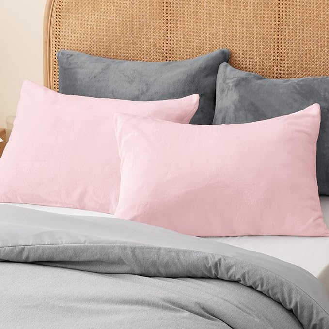 BEDELITE Flannel King Size Pillow Cases Set of 2, Super Soft Fleece Pillowcases with Zipper for Bedroom, Sofa, Couch,Luxury Cozy Fuzzy Velvet Pillow Shams for All Seasons(20x40 Inches,Pink)