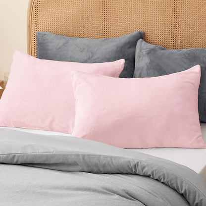 BEDELITE Flannel Pillowcases Standard Set of 2, Super Soft Fleece Pillow Case Cover with Zipper for Bedroom, Sofa, Couch,Luxury Cozy Fuzzy Velvet Pillow Shams for All Seasons(20x26 Inches, Pink)