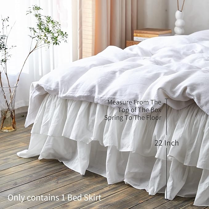 BISELINA White Ruffled Bed Skirt 22-Inch Tailored Drop Cotton Voile Dust Ruffle Soft Cozy Elegant Luxurious Bedding (22" Queen, White)