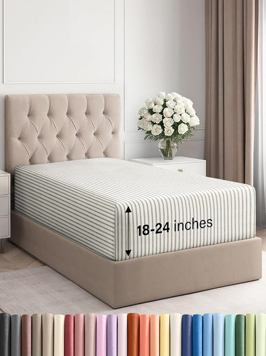 Extra Deep Twin XL Fitted Sheet - Hotel Luxury Single Fitted Sheet Only - Easily Fits 18 inch to 24 inch Mattress - Ultra Soft, Wrinkle Free w/Extra Deep Pockets - Breathable & Comfy - Beige Stripes