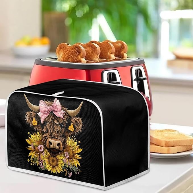 ZFRXIGN Sunflower Cow Toaster Cover 4 Slice Small Appliance Covers Kitchen Microwave Oven Dust Cover Case Protector Western Highland Cattle Toaster Covers Home Decorations Black
