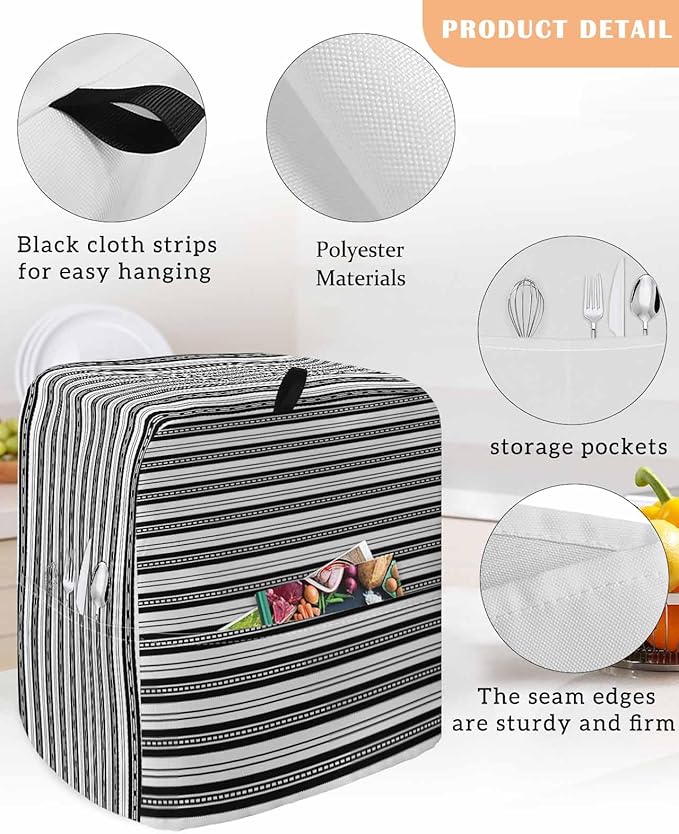 Black Stripes Stand Mixer Dust Cover with Storage Pocket & Handles, Fits All Tilt Head & Bowl Lift Modern Abstract Art Kitchen Appliance Cover Organizer Simple Chic Lines Bag Accessories, 6-8 Quart