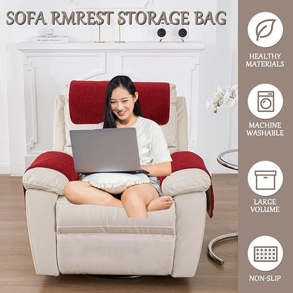 Armrest Cover, Recliner Chair Protector, Furniture Protector Slip, Side Storage Pocket, Stretch Armchair Couch Arm Rest Cover for Recliner, Chair, Sofa (Wine Red,2 Seater(4pcs))