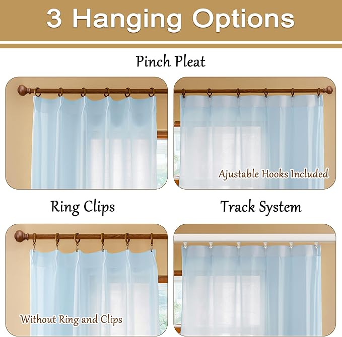 MAIHER Baby Blue Pinch Pleat Sheer Curtains 120 Inches Long for Living Room Ceiling to Floor 10ft Curtains Light Filtering Pleated Drapes with Adjustable Hooks, Sky Blue, 42" W x 120" L, 2 Panels