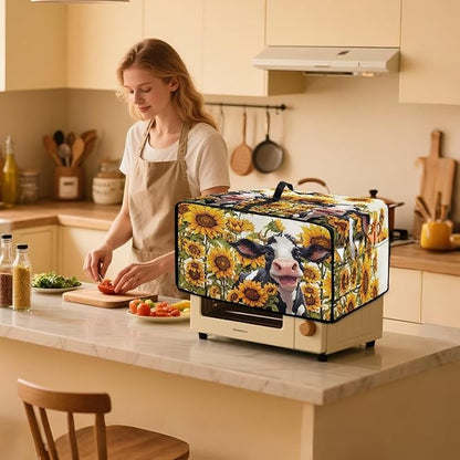 Countertop Convection Oven Cover Dust Protection Air Fryer Toaster Oven Covers with Side Pockets, for Home Kitchen Decor, L, 18.5 x 22.5 x 13 Inches, Cute Cow Sunflower