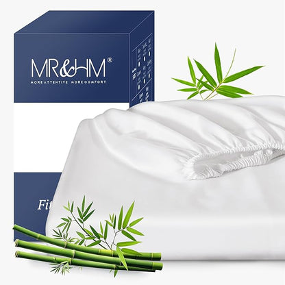 MR&HM California King Fitted Sheet, Ultra-Soft Rayon Derived from Bamboo & Polyester Blend, Silky & Breathable, 15" Deep Pocket with Elastic Straps, Cooling Fitted Sheet for Hot Sleepers, White
