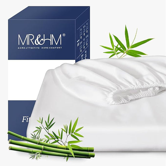 MR&HM California King Fitted Sheet, Ultra-Soft Rayon Derived from Bamboo & Polyester Blend, Silky & Breathable, 15" Deep Pocket with Elastic Straps, Cooling Fitted Sheet for Hot Sleepers, White