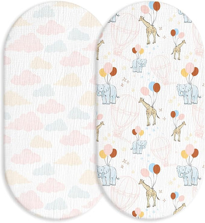 Muslin Bassinet Fitted Sheets, 2 Pack for Baby Boy and Girl, Soft Breathable Baby Pad/Mattress Sheet, Fit for Hourglass Oval and Rectangle Bassinet Mattress (Cute Animals)