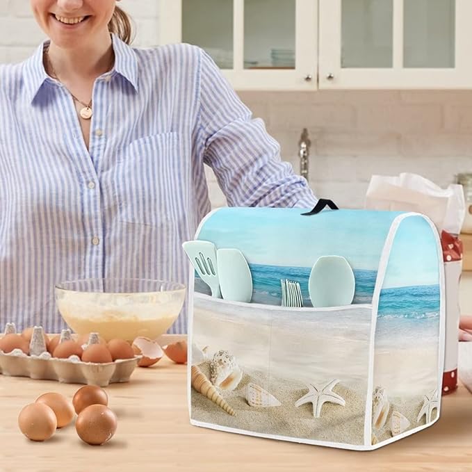 Fashion Mixer Covers Beach Print Indoor Kitchen Decorations, Polyester Dustproof Cover with Pockets for Stand Mixer, Compatible with Stand Mixer, L(6-8 qt)
