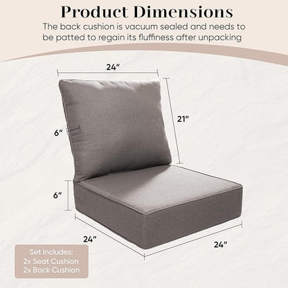 Outdoor Seat Cushion Set-24 x 24 x 6 Inch Outdoor Chair Cushions Set of 2 with Water Resistant & Removable Cover Outdoor Cushions for Patio Furniture Chair Sofa Couch-Grey