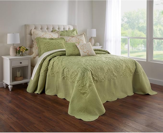 BrylaneHome Bedding Lightweight All Season Modern Amelia Quilted Damask Oversized Ultra Soft Bedspread - Queen, Sage